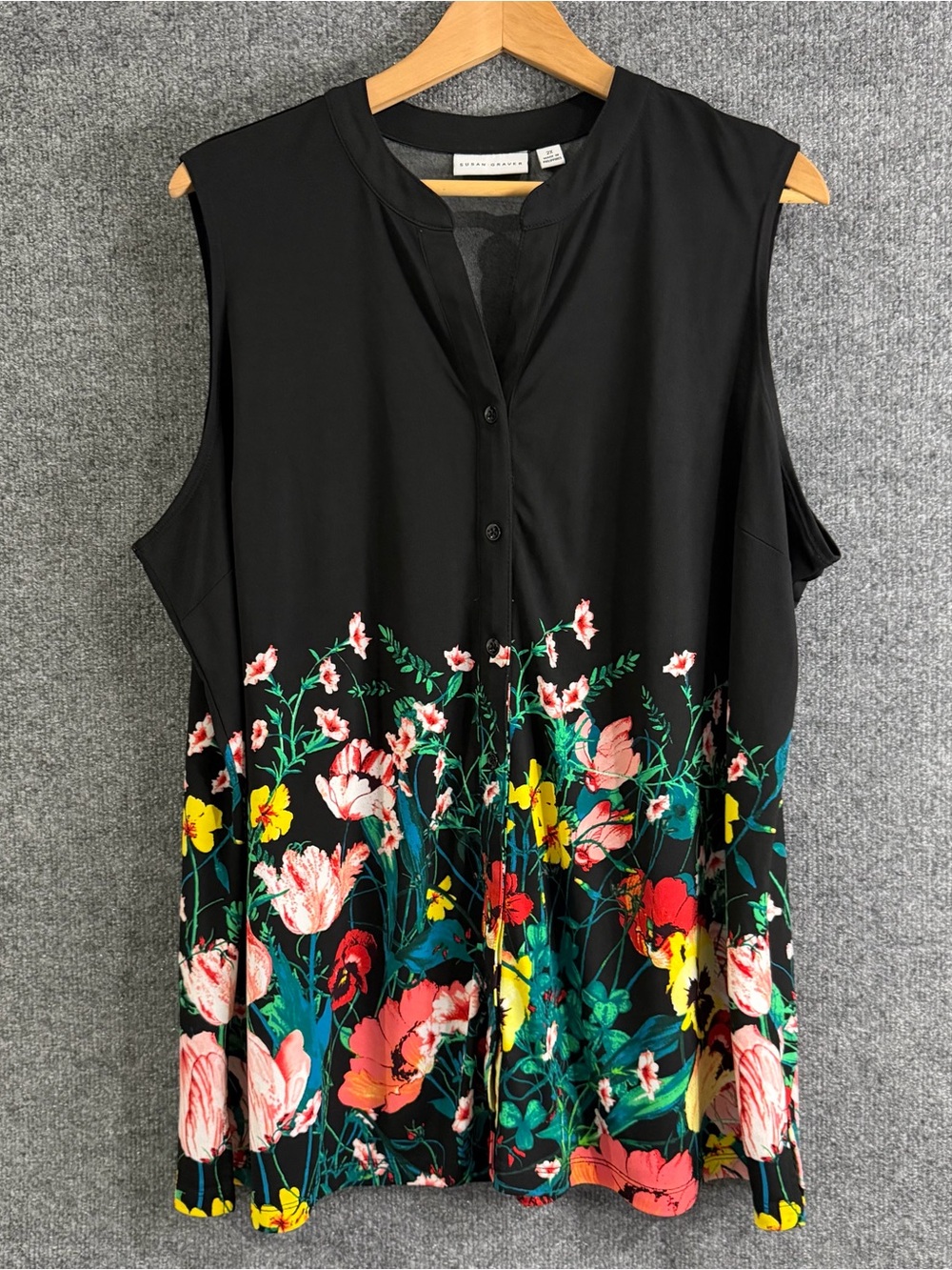 Susan Graver Womens 2X Liquid Knit Tunic Tank Floral Border Print Black Stretch